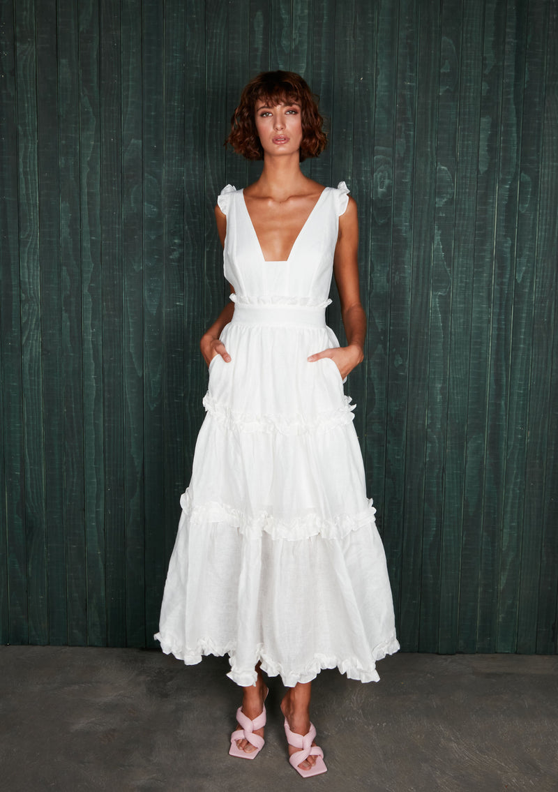 Linen Ruffle Dress - White